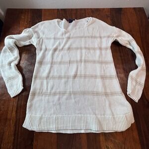 Gap Womens Large White Tan Striped 100% Cotton Long Sleeve Crew Neck Sweater